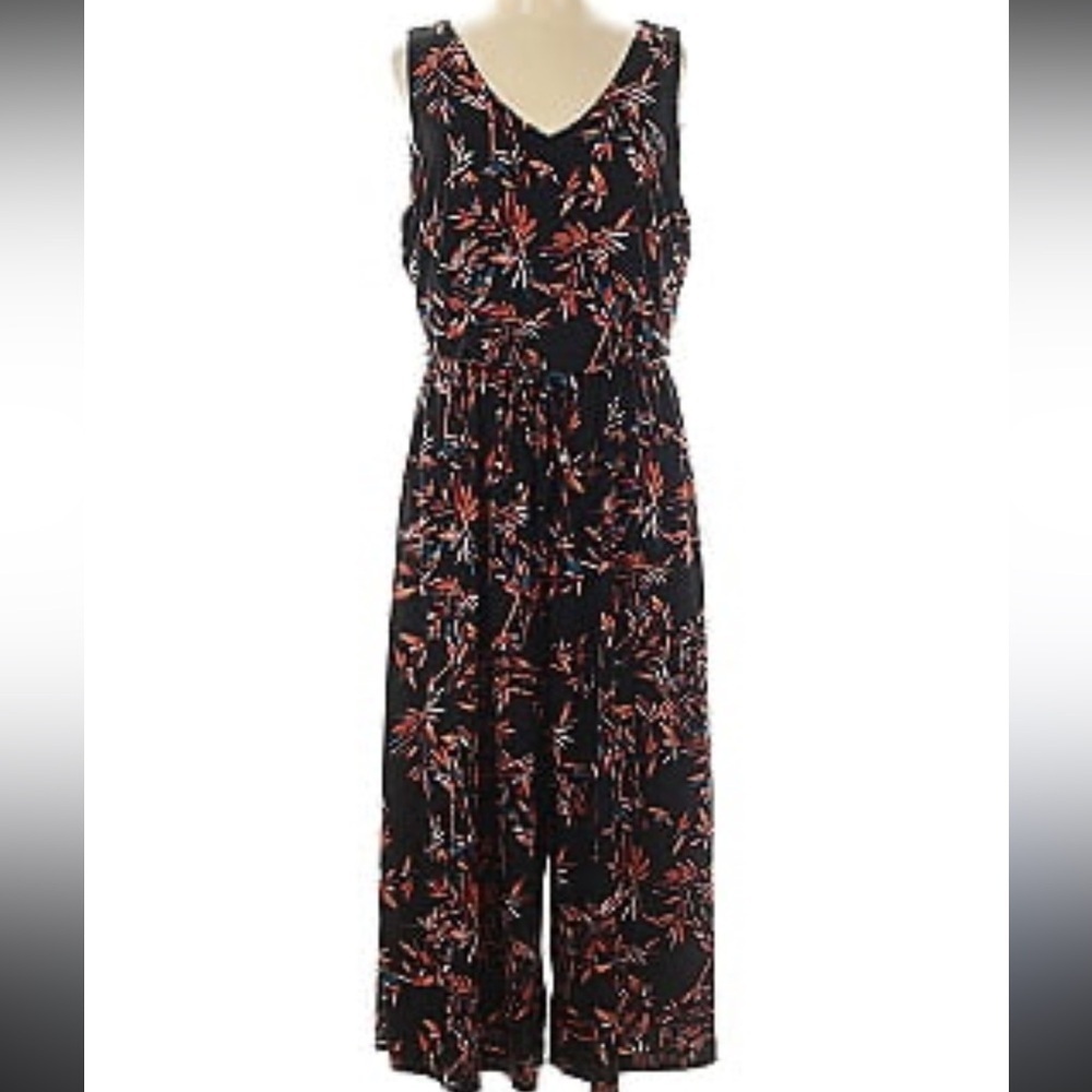 Cynthia Rowley black foliage print sleeveless wide leg jersey jumpsuit‎ Sz M